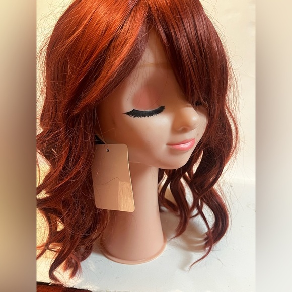 Auburn Curtain Bangs Curly Synthetic Wig Full Cap - Picture 2 of 6
